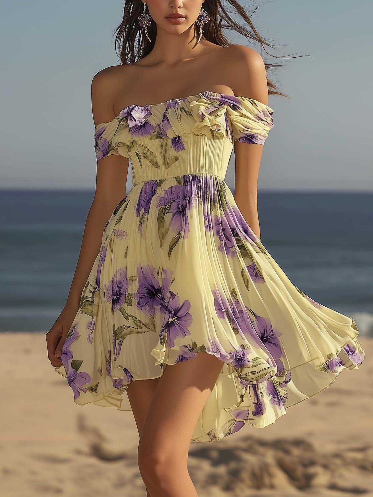 Light Yellow Chiffon Mini Dress With Elegant Purple Flowers And Ruffles