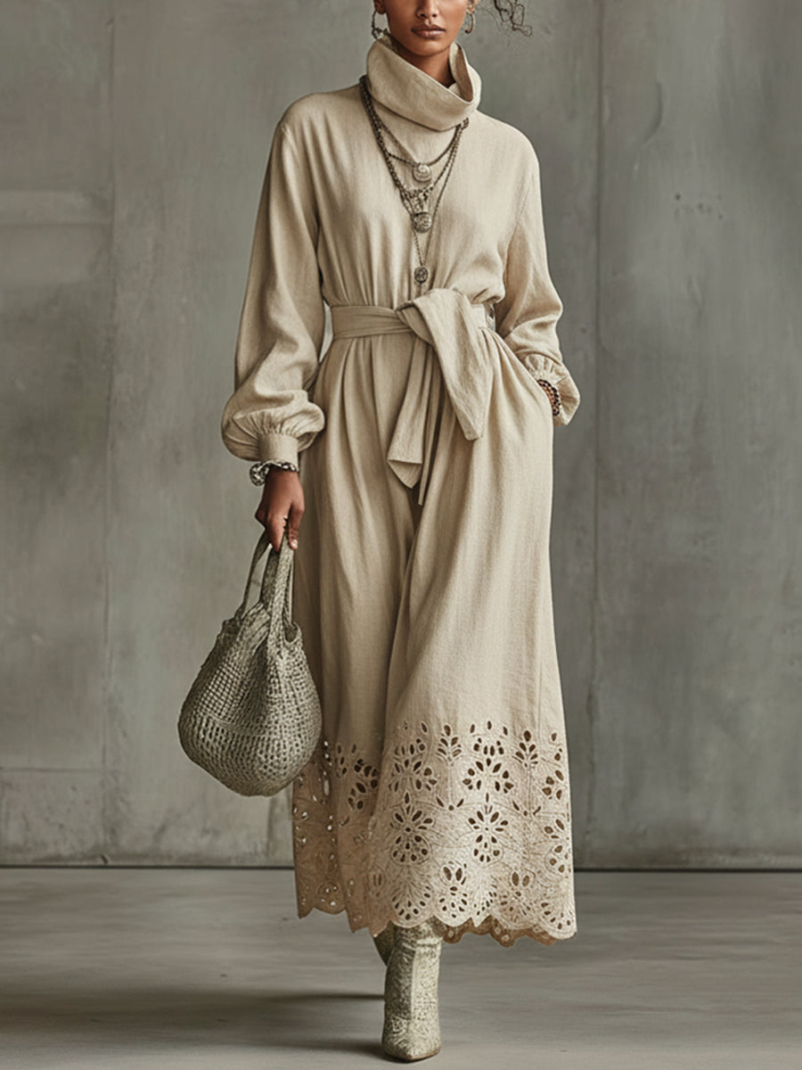 Beige Embroidered Cotton Linen Tie Waist Maxi Dress
