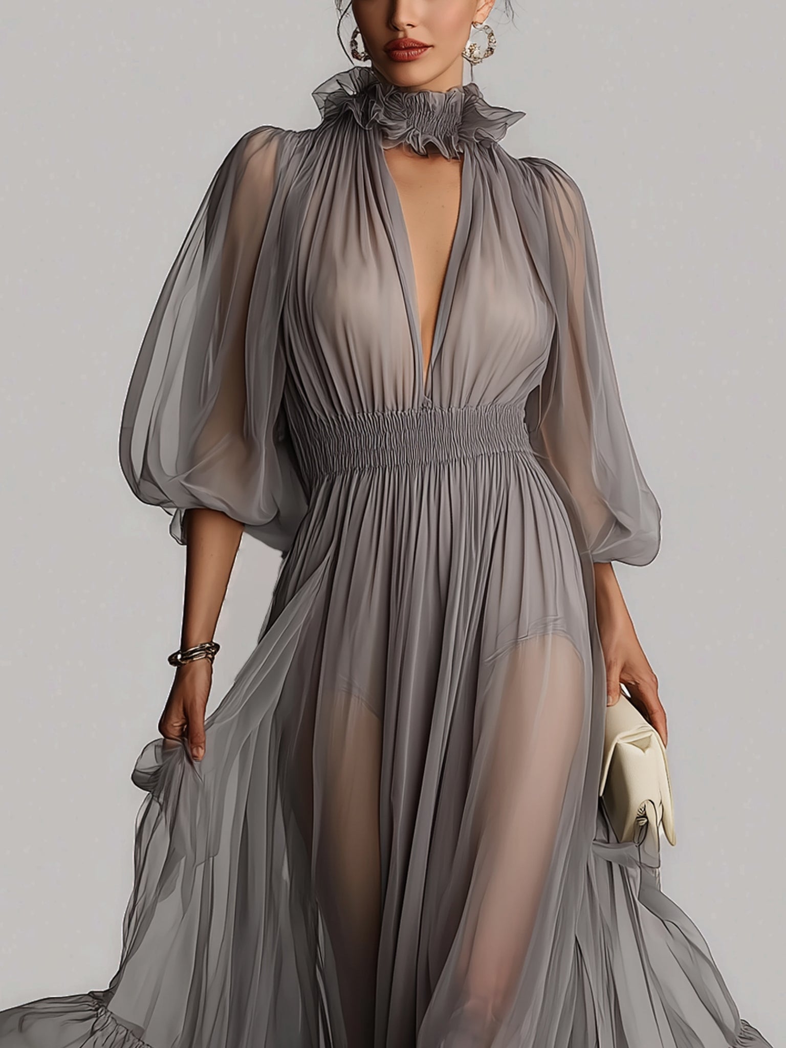 Ethereal Gray Sheer Chiffon Maxi Dress