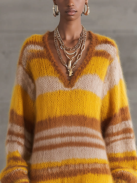 Yellow And Caramel Striped Mohair Sweater Dress With Lace Hem