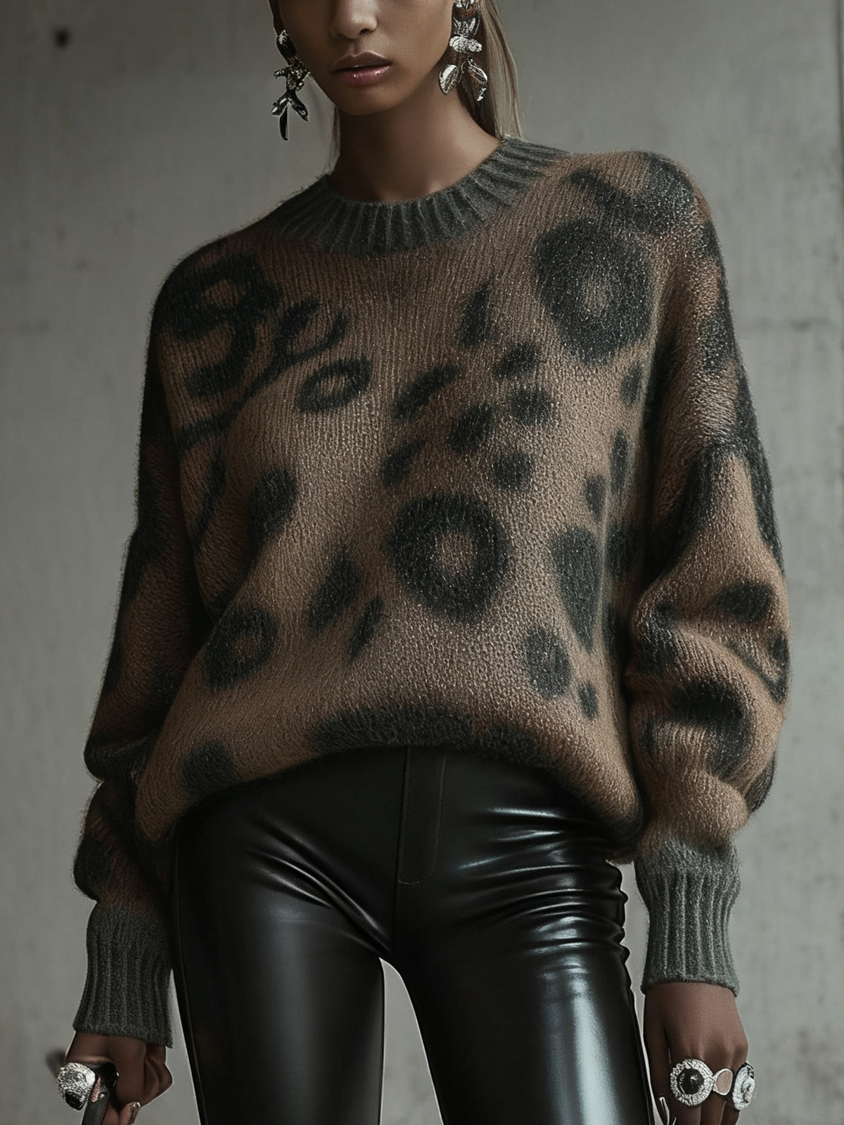 Oversized Animal Print Sweater With Ribbed Details
