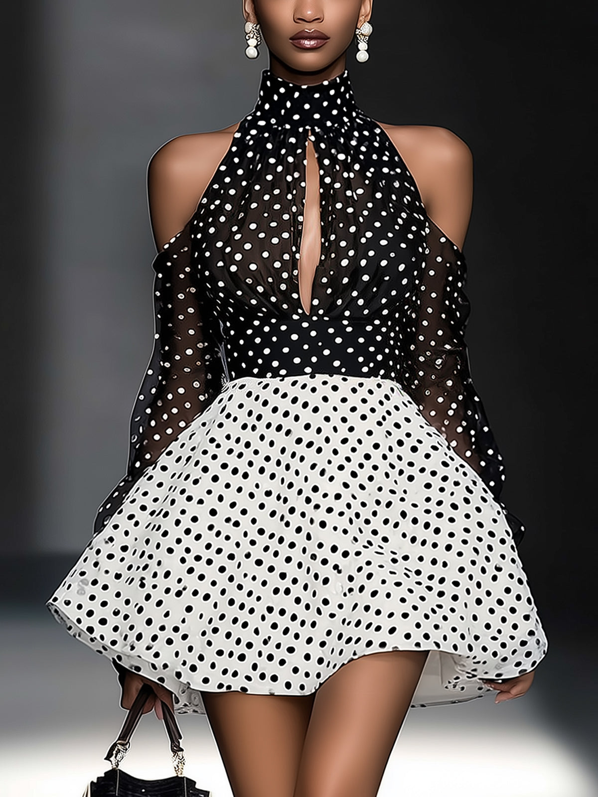 Polka Dot Cold Shoulder Ruffle Mini Dress