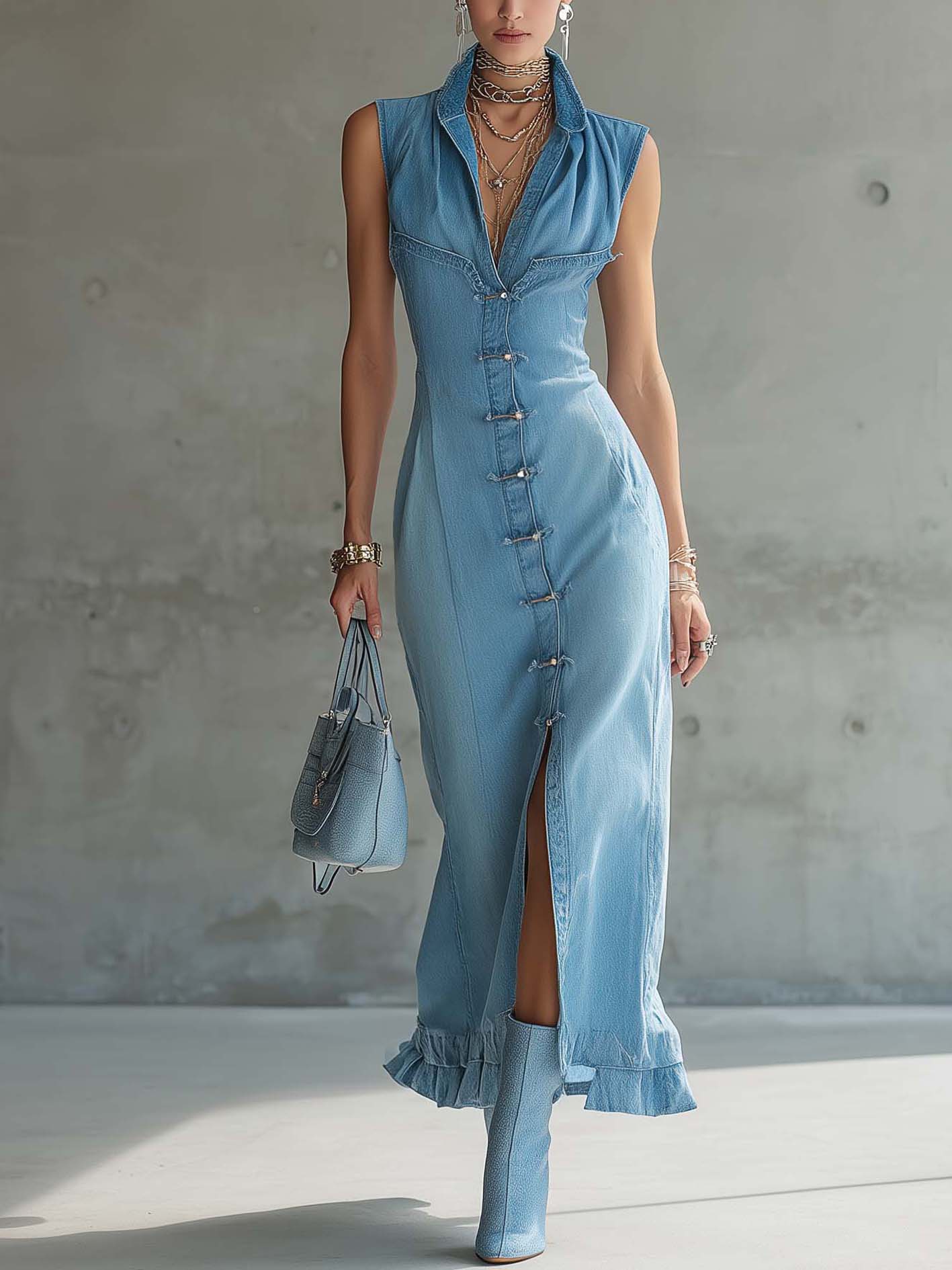 Sleeveless Denim Maxi Dress With Button Front And Ruffled Hem