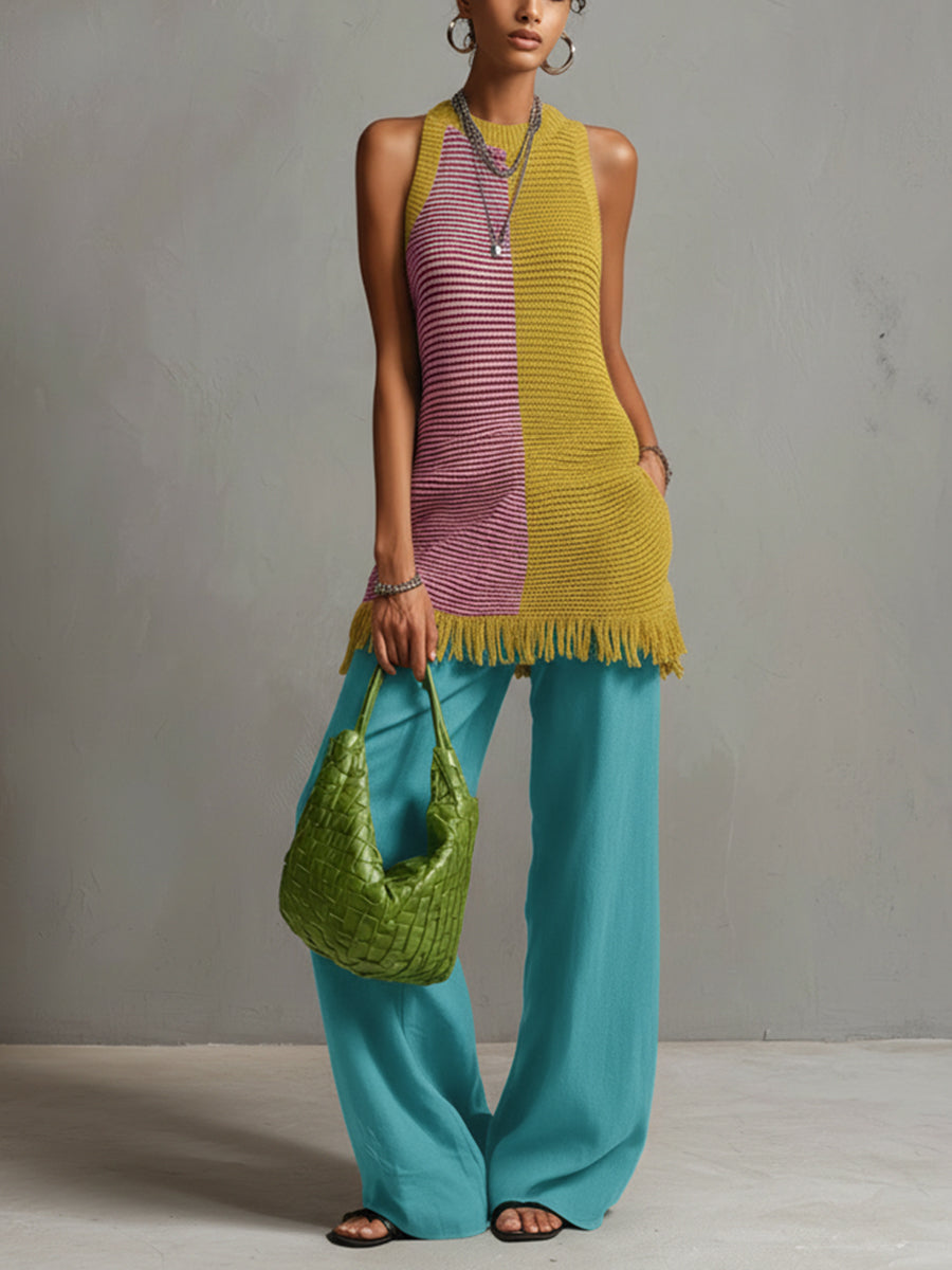Colorblock Fringe Knit Sleeveless Top And Cotton Trousers Set