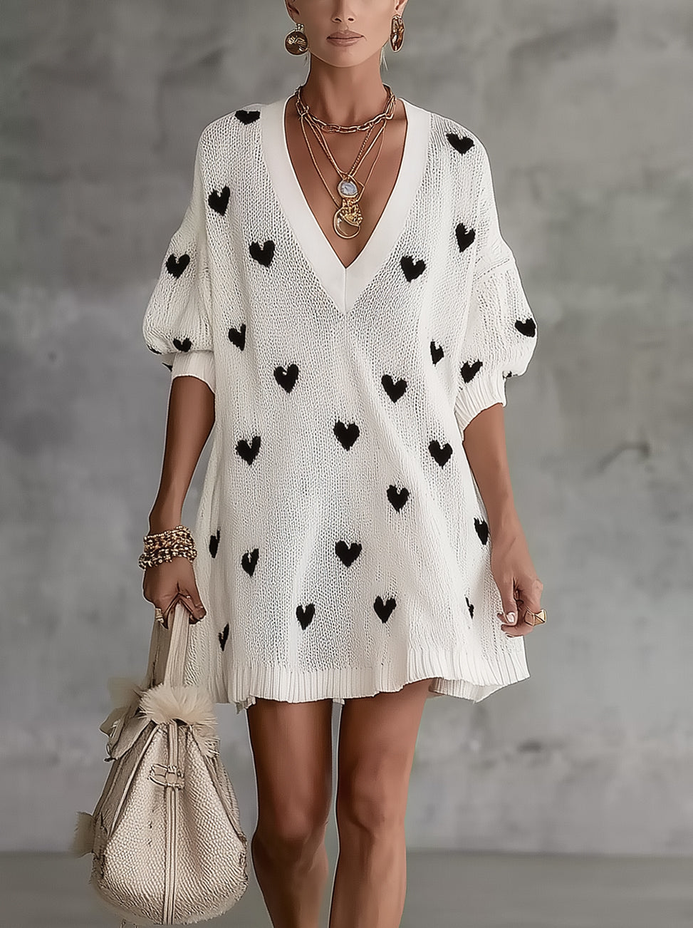 White V-Neck Knit Mini Dress With Black Heart Pattern
