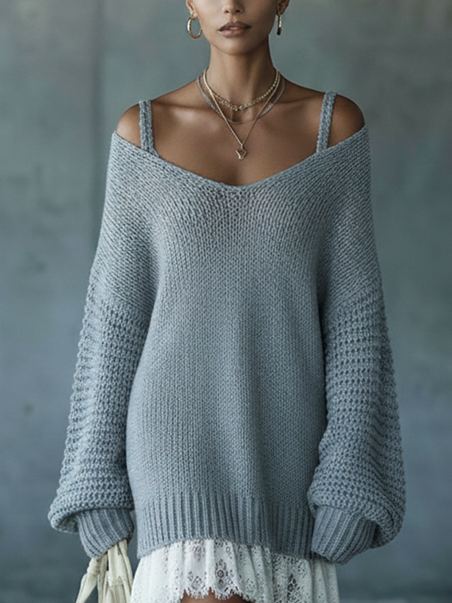 Blue Strappy Lace Loose Knit Mini Dress