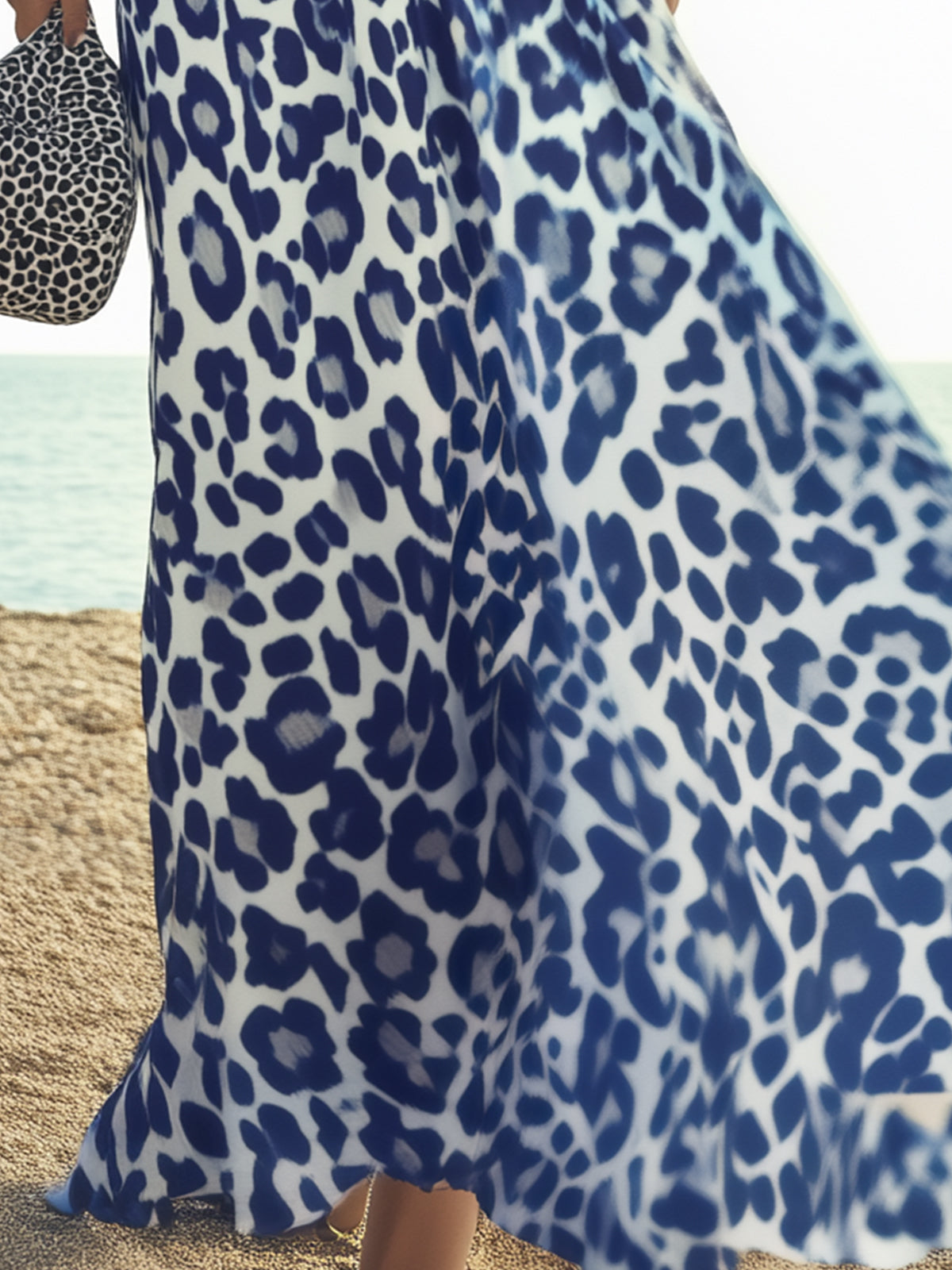 Blue Leopard Print Chiffon Maxi Dress With Cutout Neckline