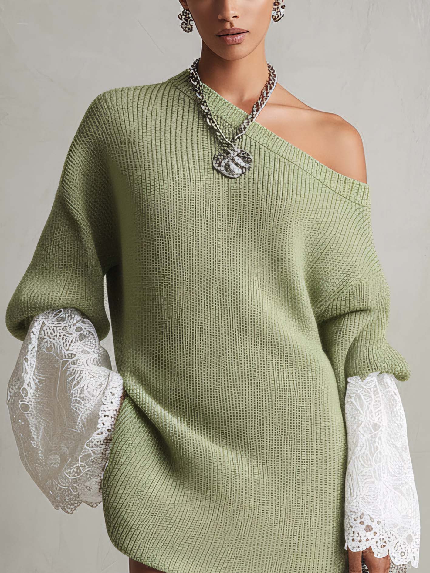 One Shoulder Light Green Knit Mini Dress With Lace Sleeve Patchwork