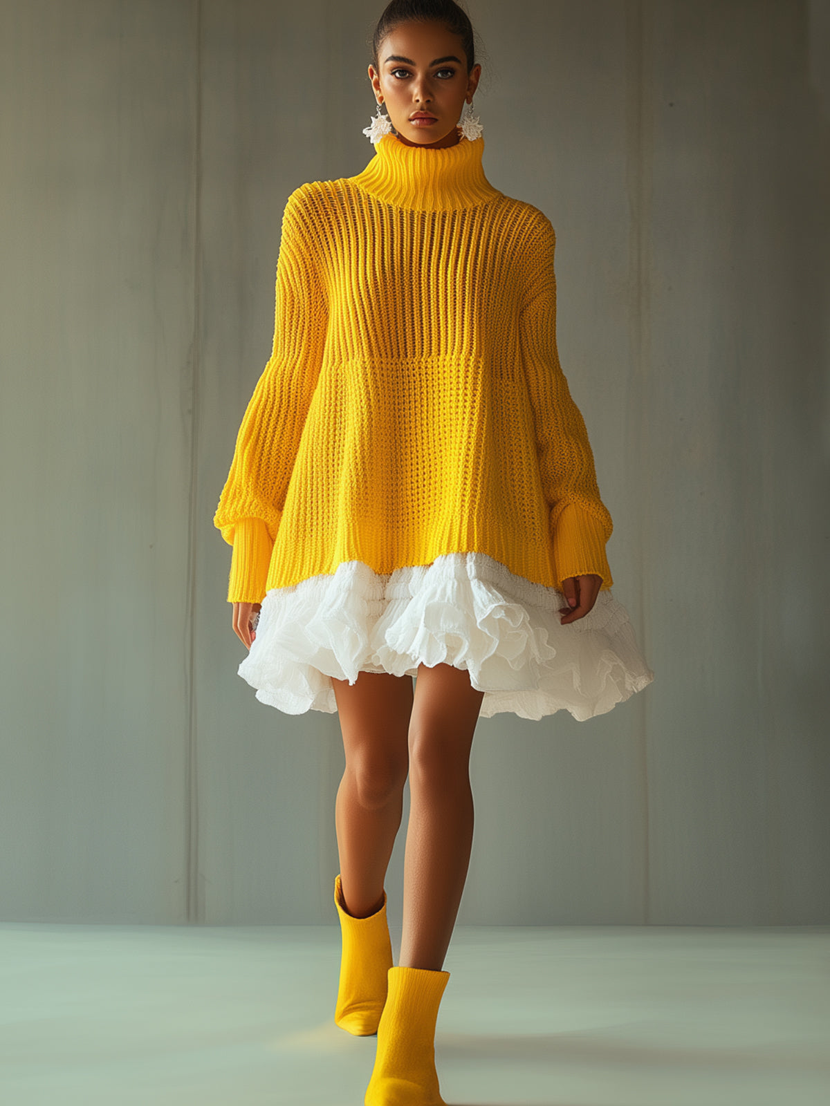 Turtleneck Yellow Knitted Sweater Dress With Ruffled Hem