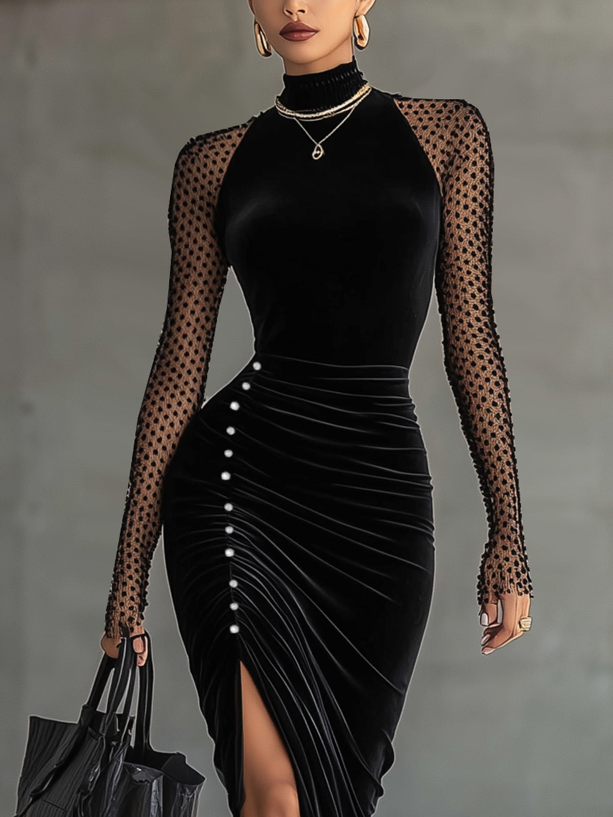Black Velvet Midi Dress With Sheer Polka-Dot Sleeves And Side Button Detail