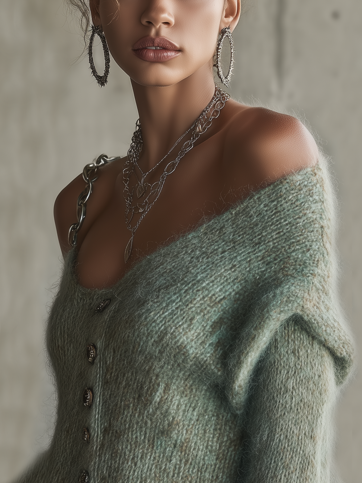 Mint Green Mohair Chain-detail Off-the-shoulder Button-up Mini Dress