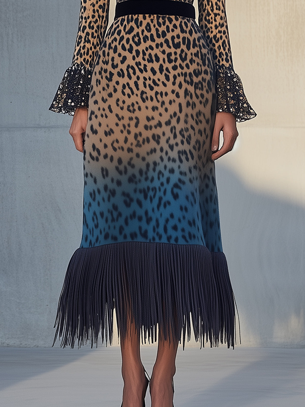 Brown Leopard Print Ombre Gradient Lace Detail Boat Neck Long Sleeve Midi Dress