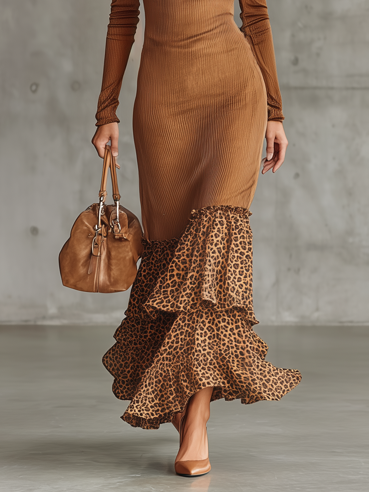 Camel Ribbed Knit And Leopard Ruffle Hem Maxi Dress