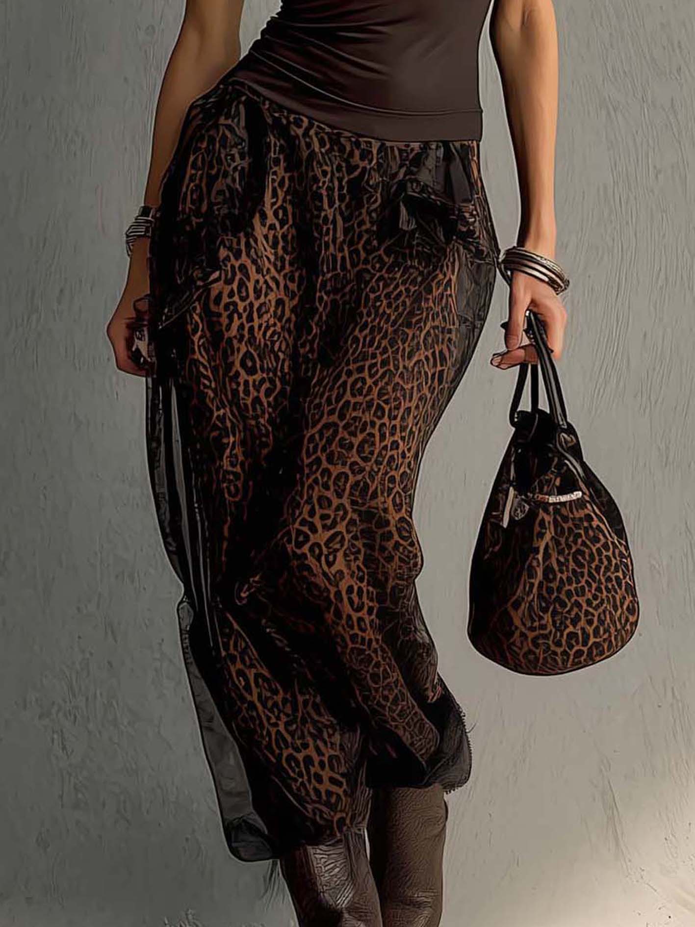 Brown Leopard Patchwork Black Chiffon Sleeveless Maxi Dress