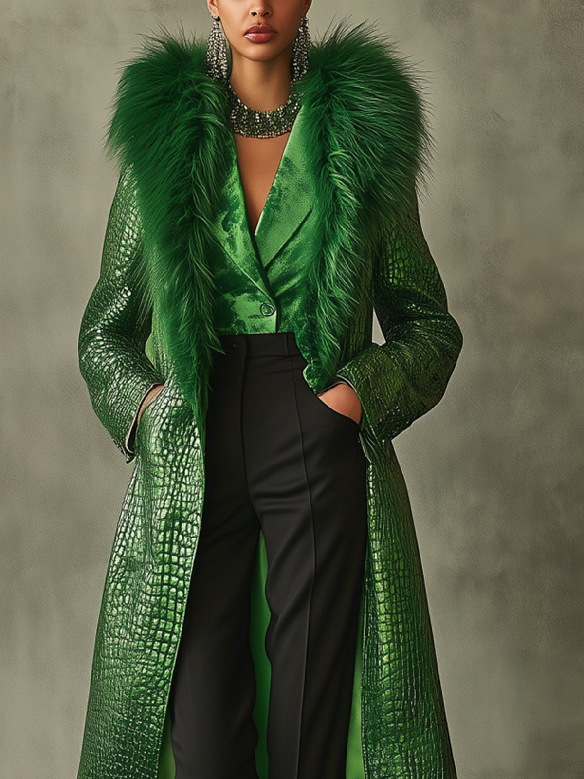 Green Crocodile Faux Fur Collar Long Coat