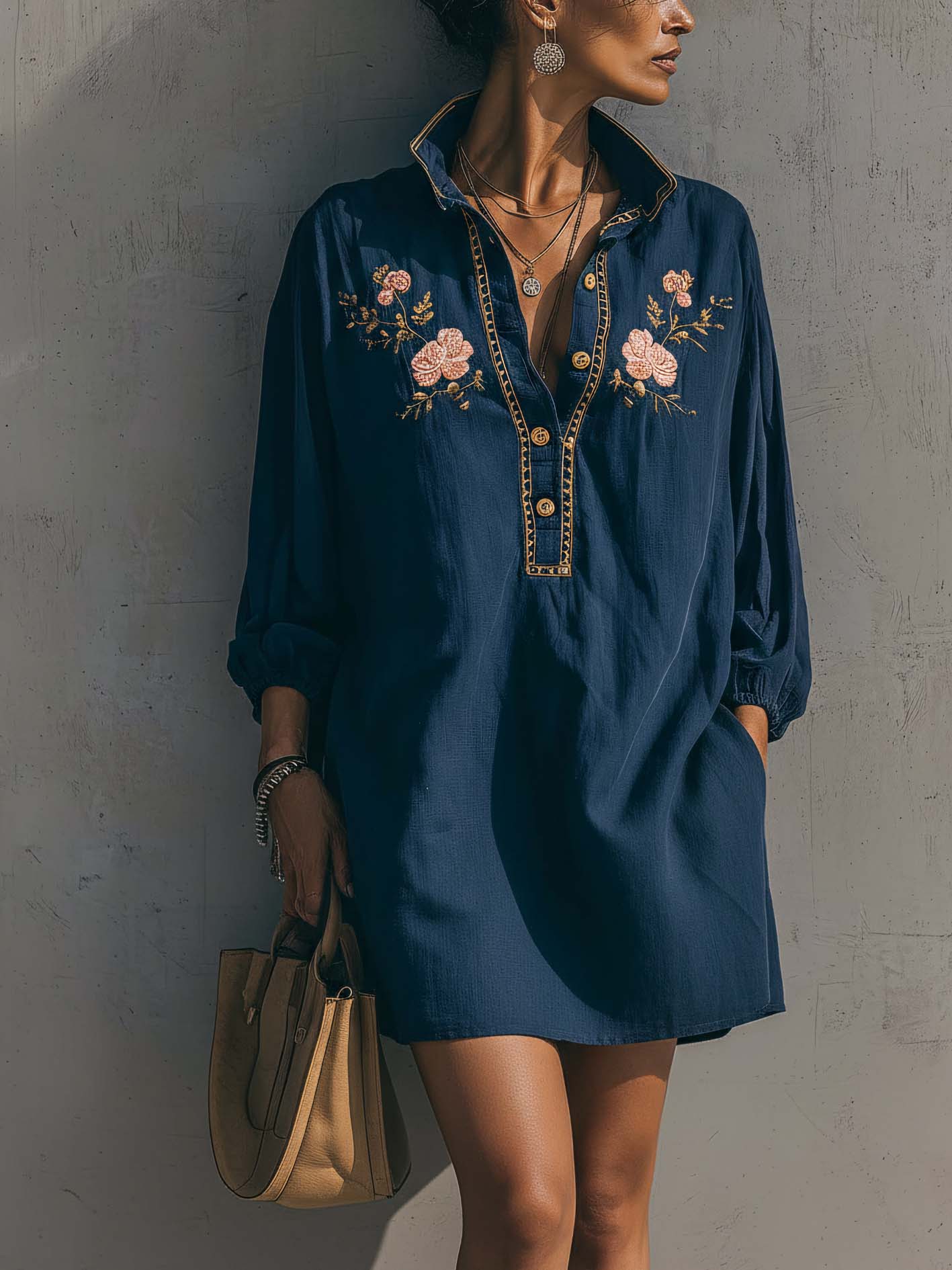 Navy Blue Cotton Linen Floral Embroidered Collared Mini Dress