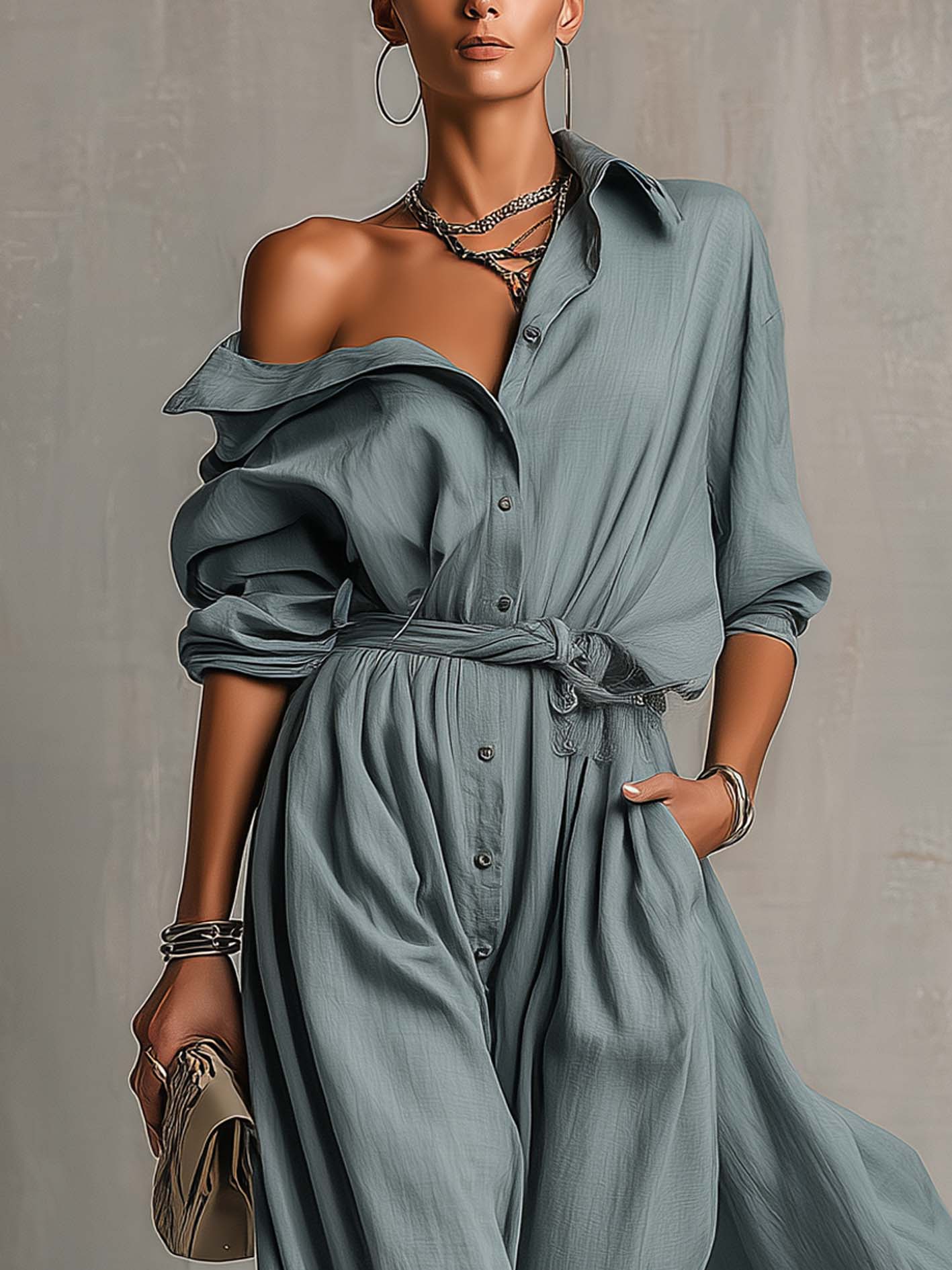 Blue Gray Cotton Linen Maxi Shirt Dress With Belt