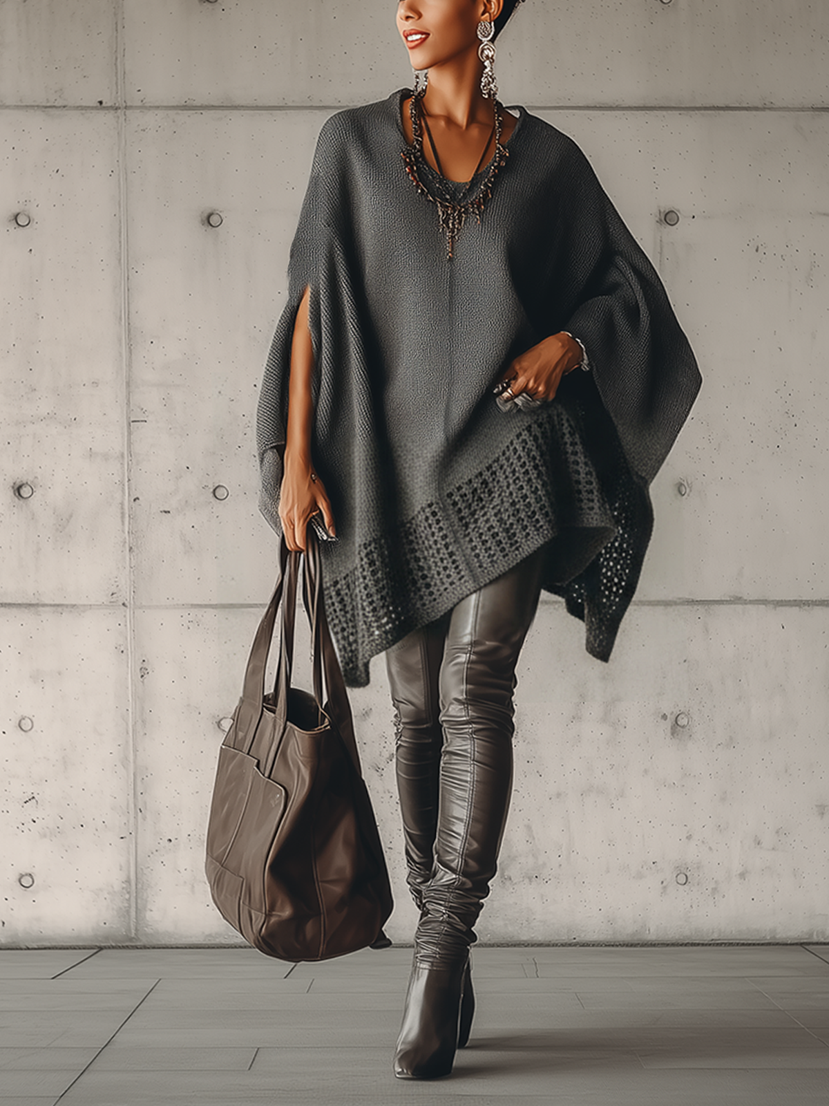 Gray Textured Knit V-Neck Poncho With Open Sides Sweater