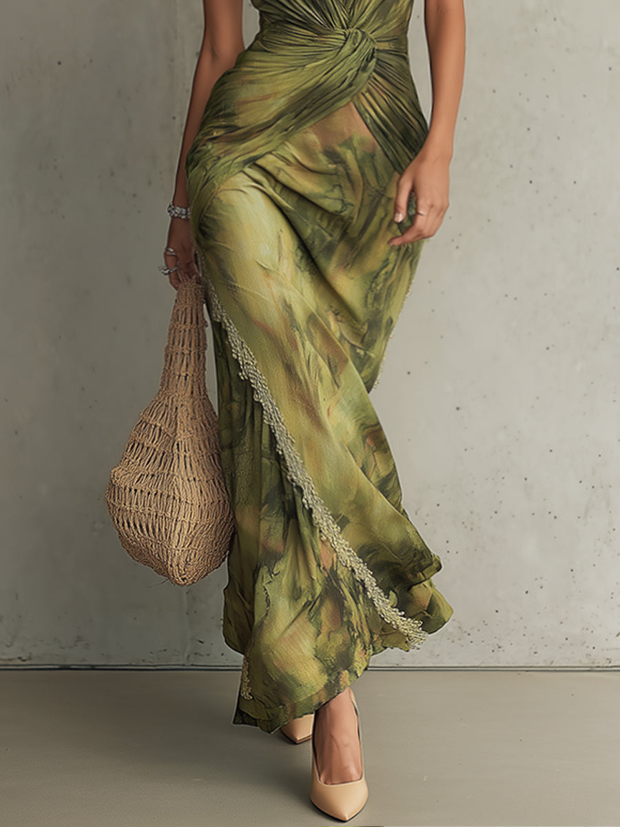 Green Linen Blend Sleeveless V-Neck Bodycon Dress