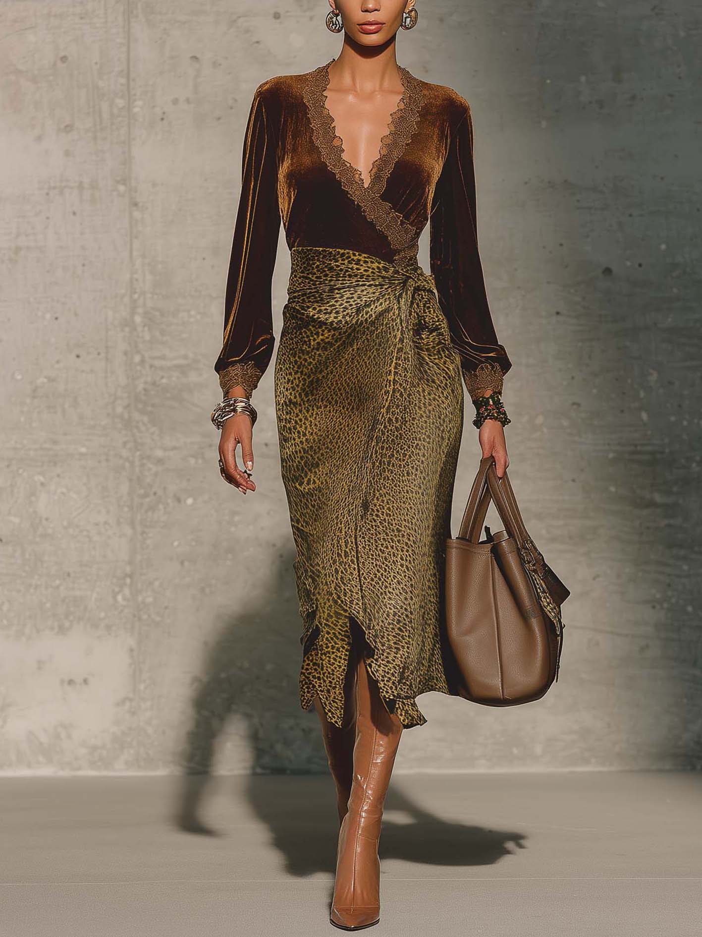 Brown Velvet Bodycon Dress With Leopard Print And Lace