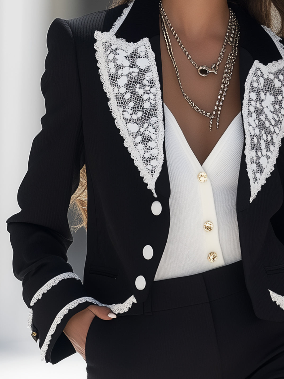 Elegant Black Tailored Blazer With White Lace Detailing