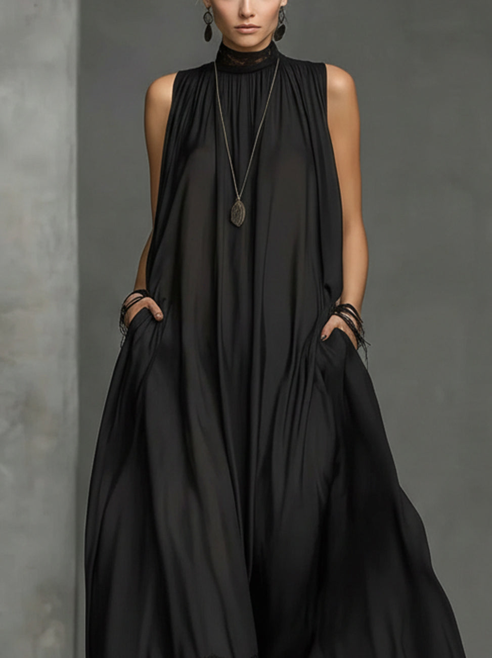Black High-Neck Sleeveless Maxi Dress With Lace Hem