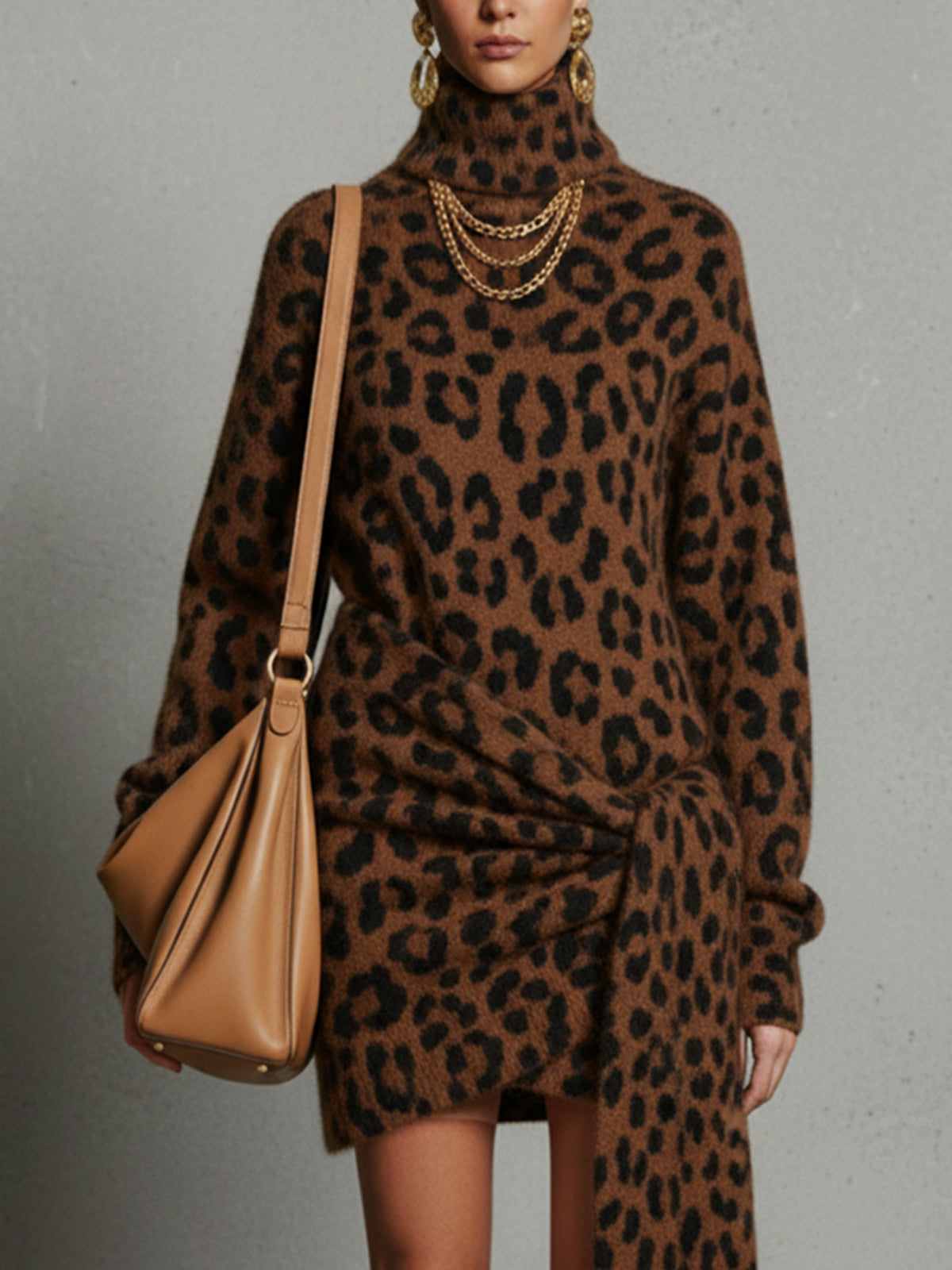 Brown Leopard Print Turtleneck Sweater Dress With Wrap Detail