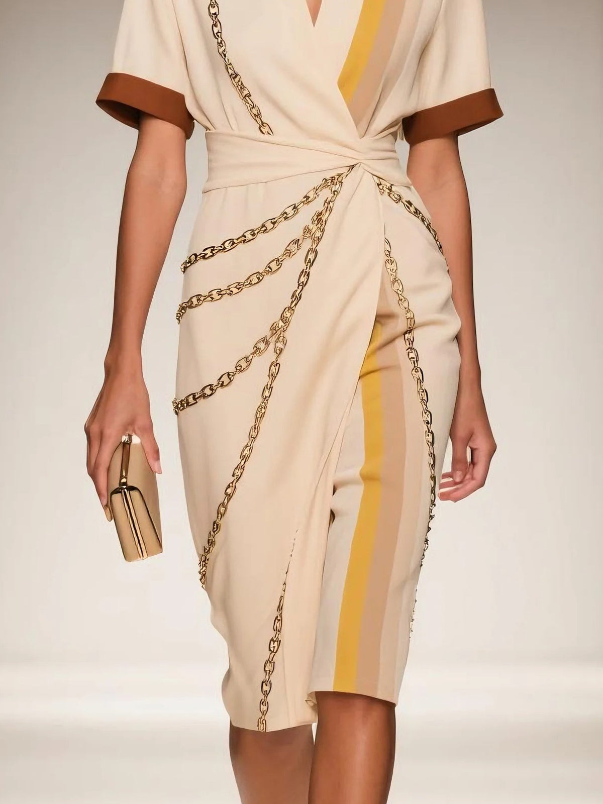 Beige Chain Print Wrap Dress With Satin Collar