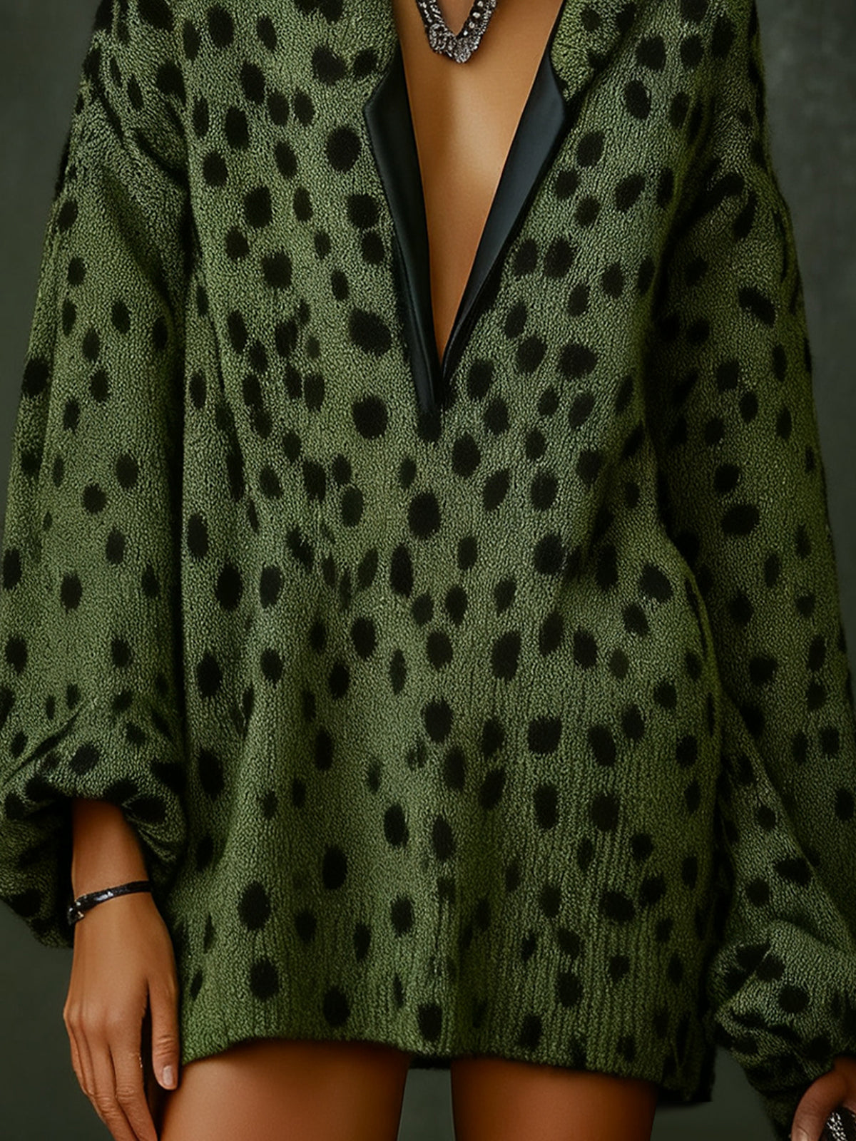 Green Leopard Print Knit Dress With Black Trim