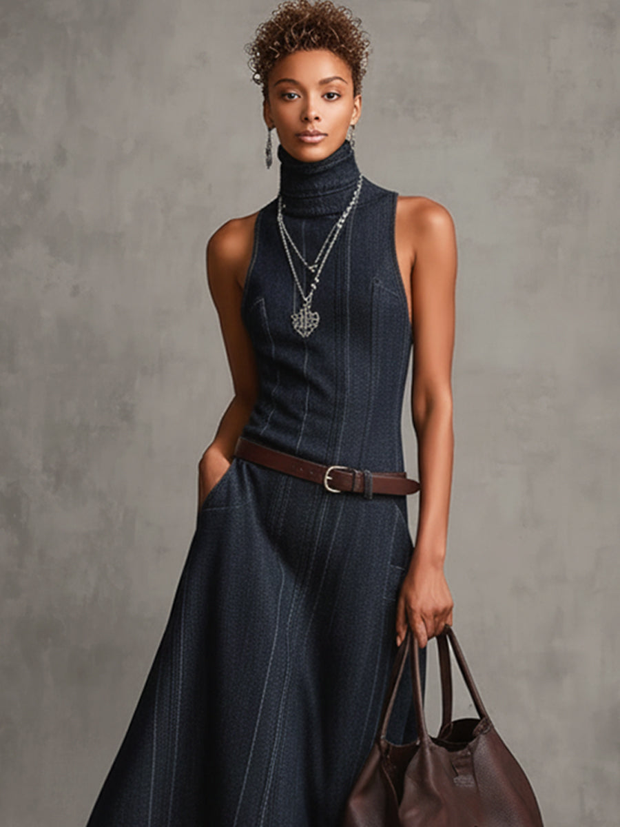 Blue Washed Cotton Sleeveless Turtleneck Dress With Fringe Hem And Belt