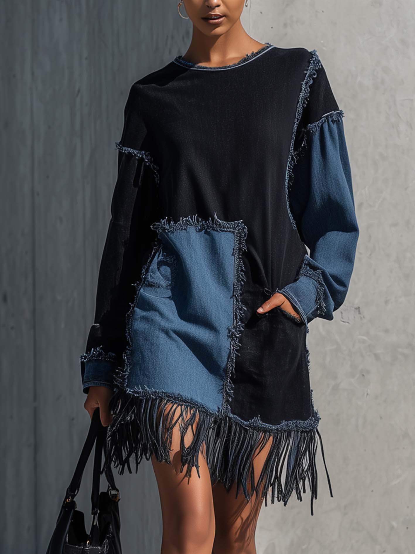 Black And Blue Patchwork Fringe Hem Denim Mini Dress