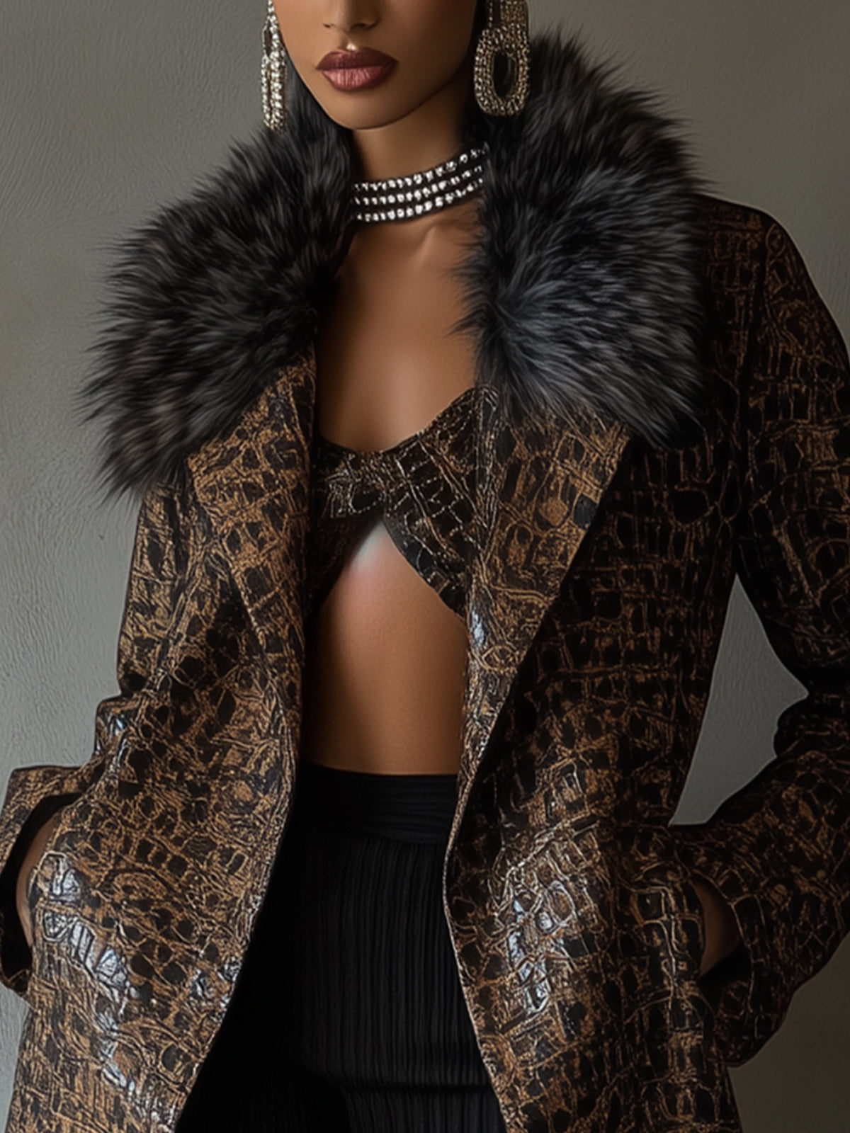 Brown Luxe Crocodile Embossed Faux Leather Coat