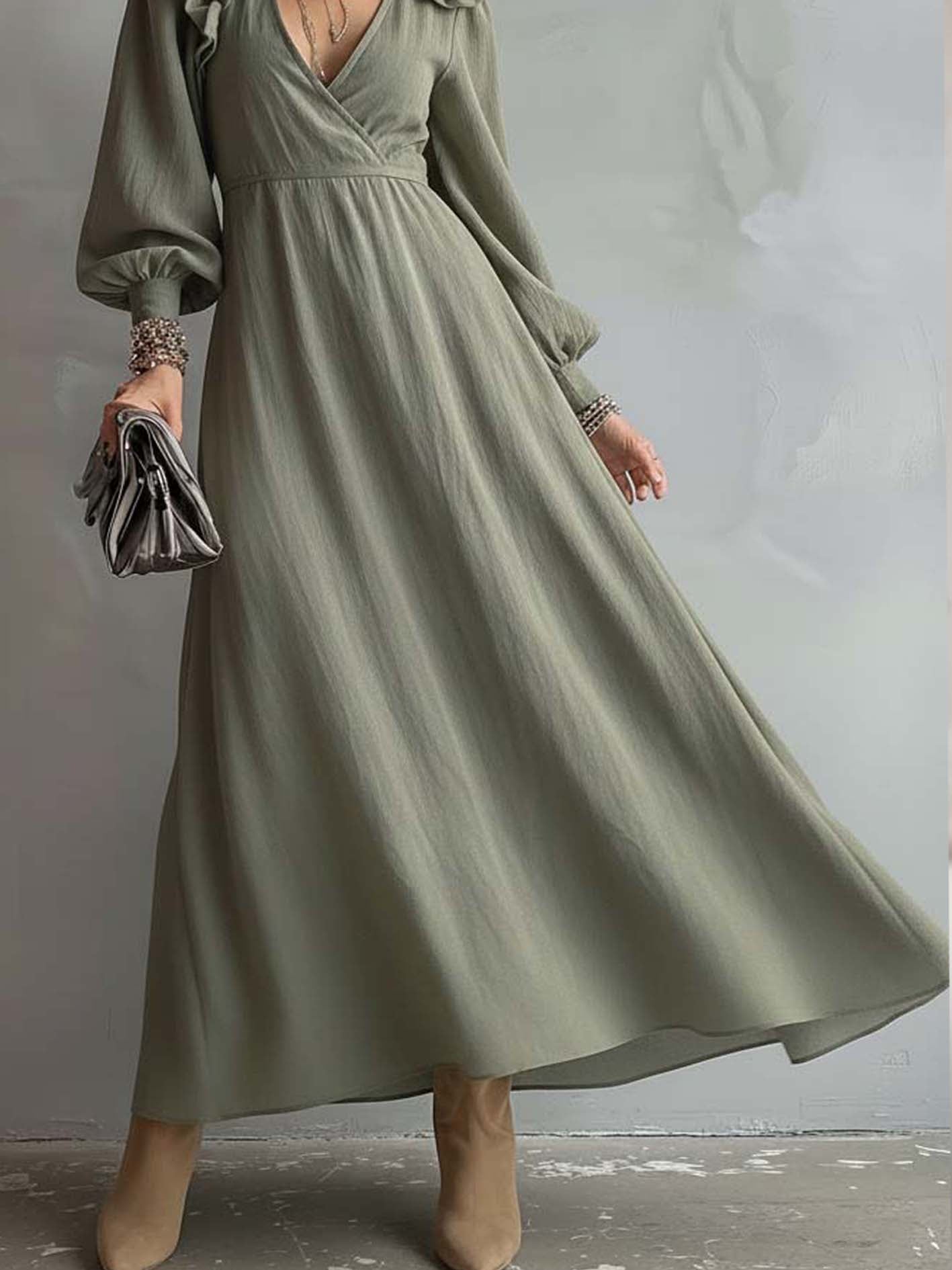 Green Ruffled 3D Flower Trim Faux Linen Maxi Dress With Puff Sleeves