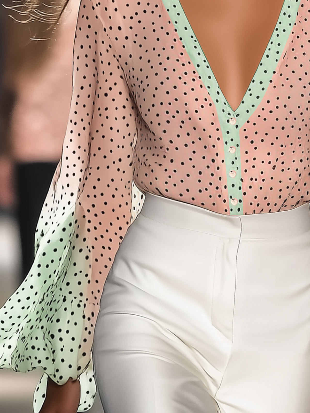 Chic Polka Dot Sheer Blouse With Ombre Sleeves And Green Trim