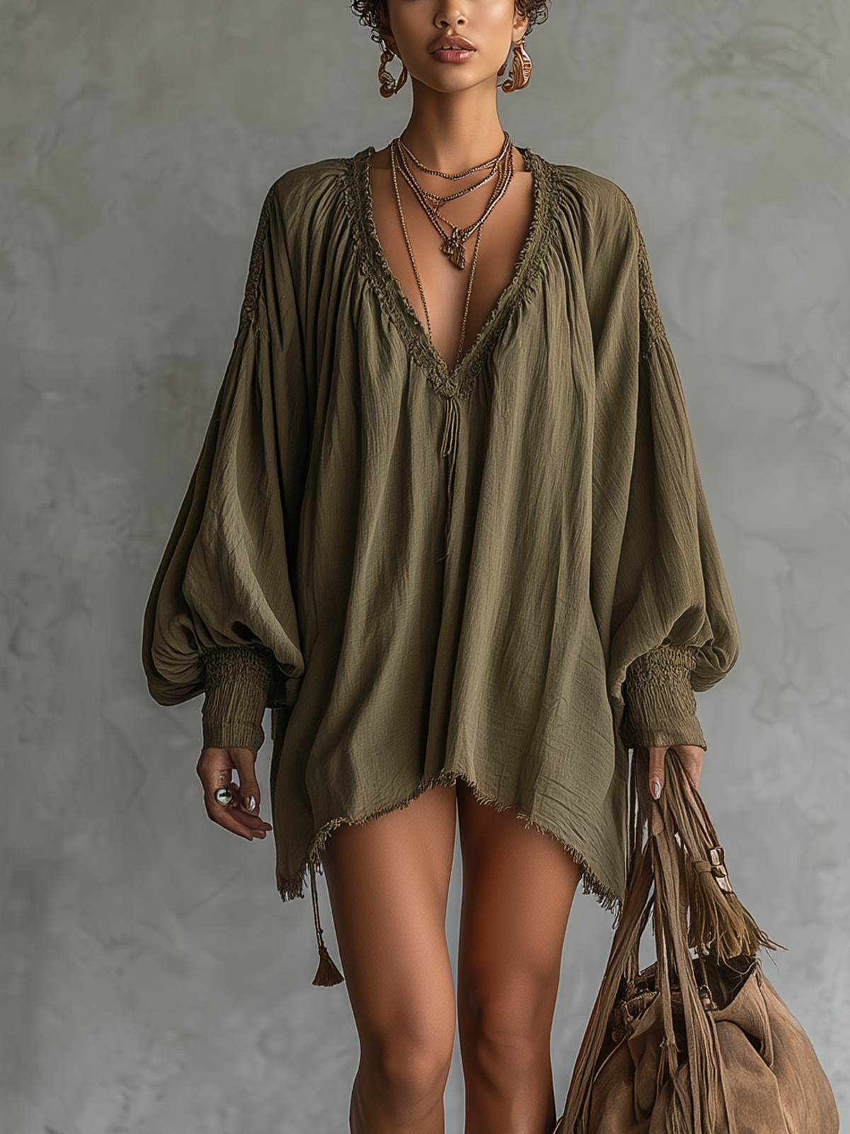 Olive Boho Textured V-Neck Lantern Sleeve Mini Dress