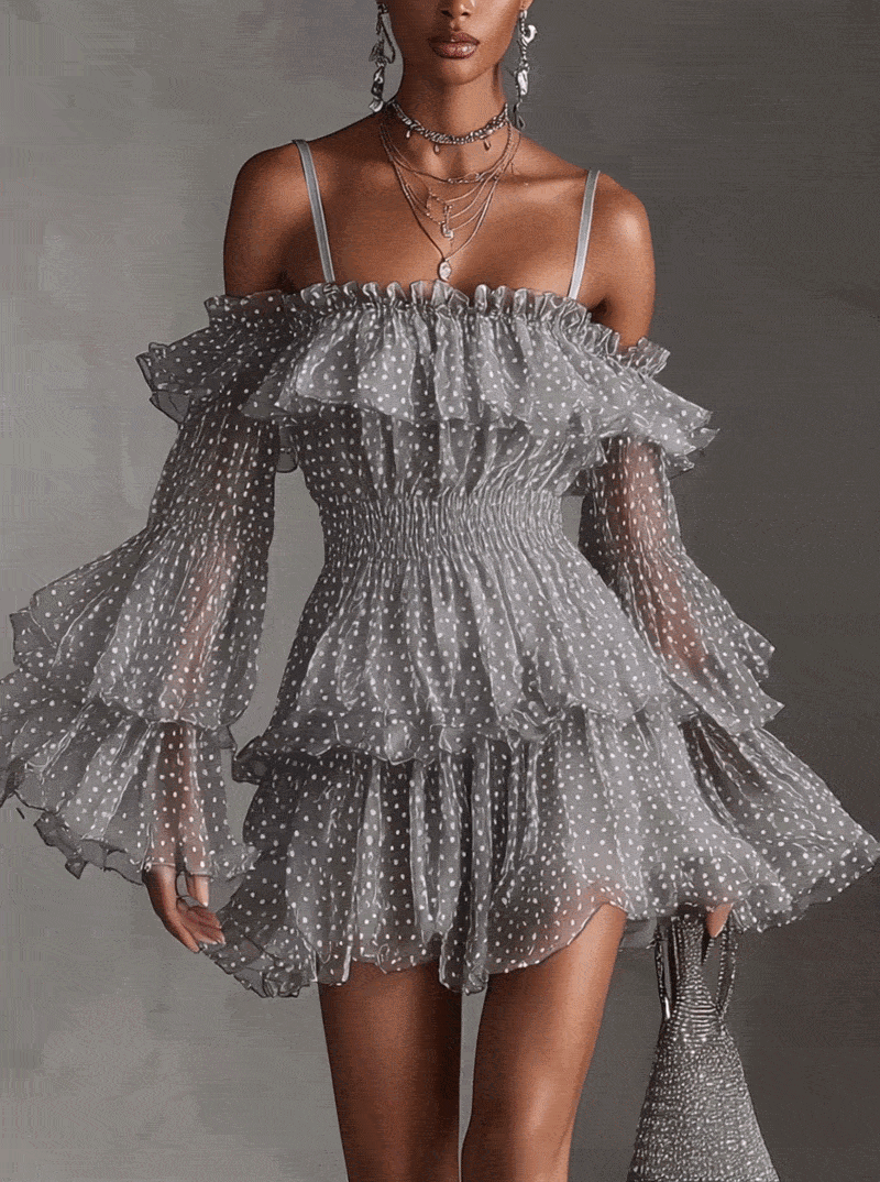Gray Polka Dot Chiffon Off-Shoulder Ruffle Mini Dress