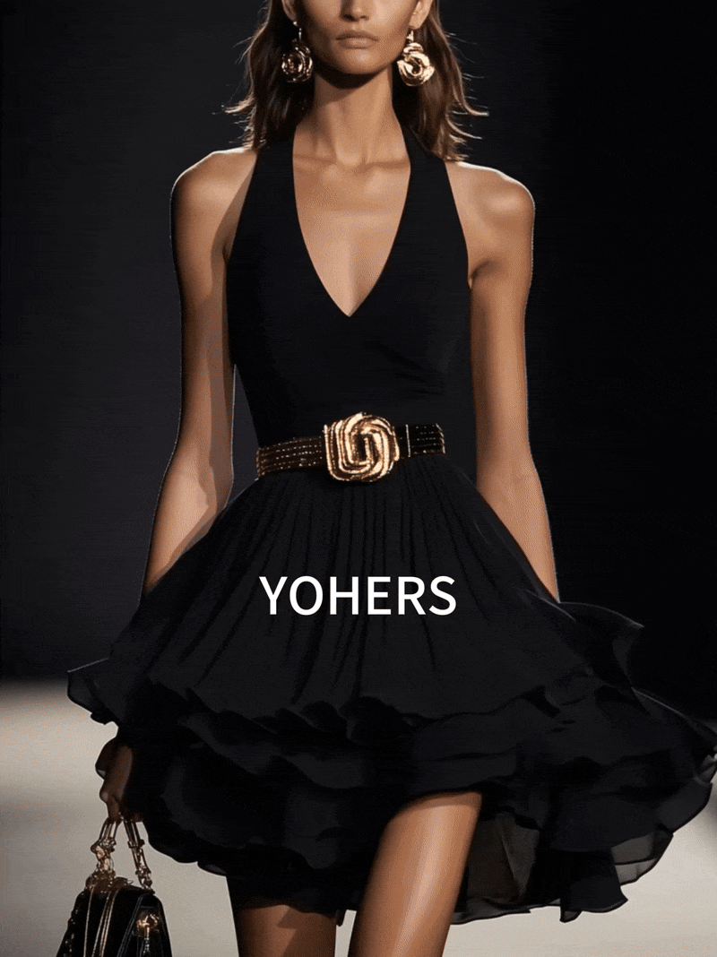 Black Halter Ruffle Mini Dress With Gold Belt