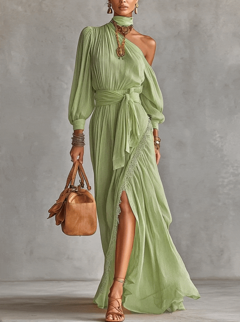 Green One-Shoulder Maxi Dress With Lace Trim And Waist Tie