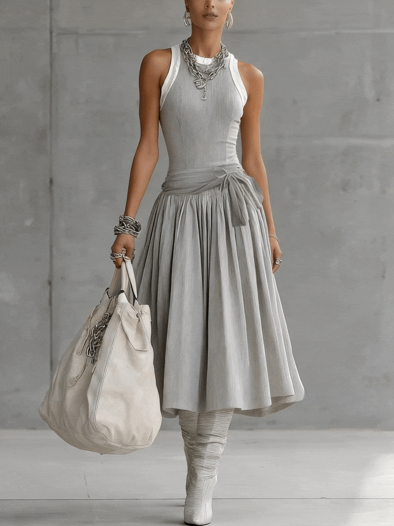 Gray Ribbed Tank Bodice Draped Midi Dress