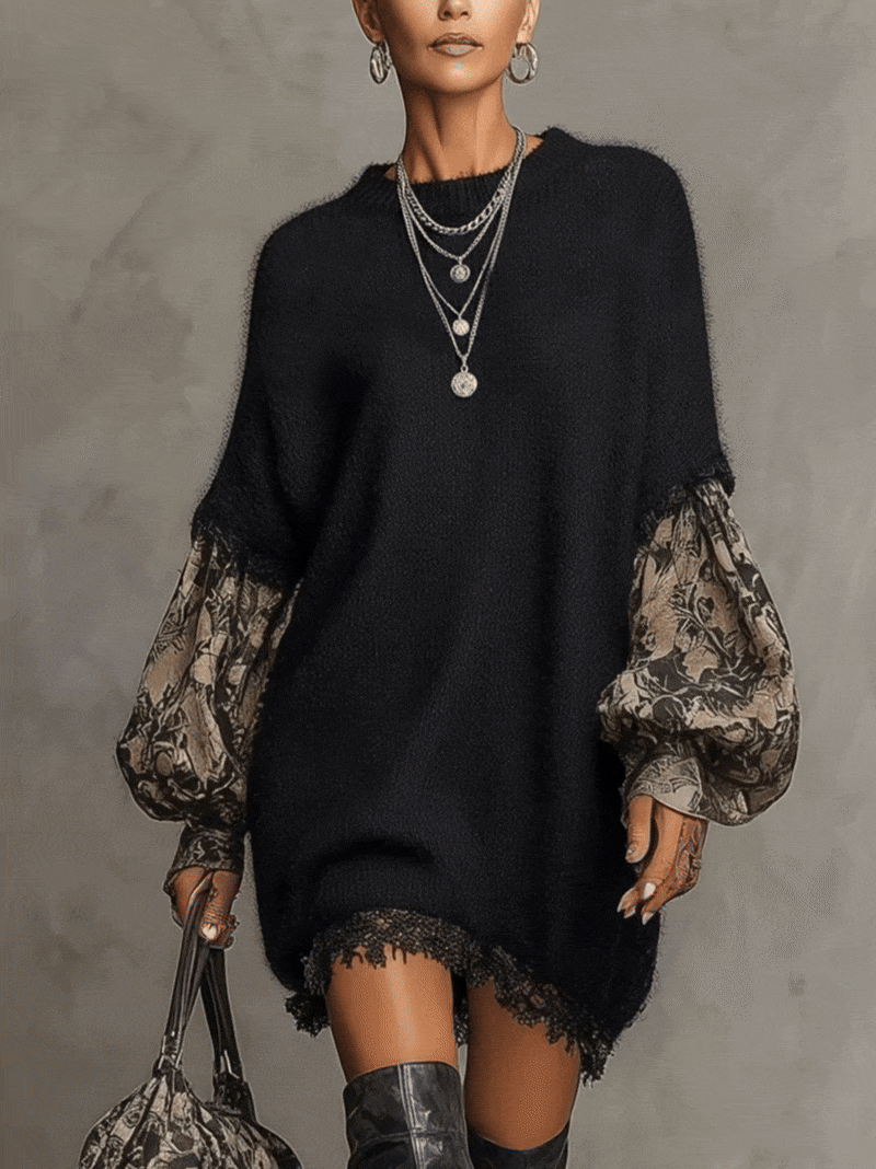 Black Lace Hem Knit Dress With Floral Chiffon Balloon Sleeves
