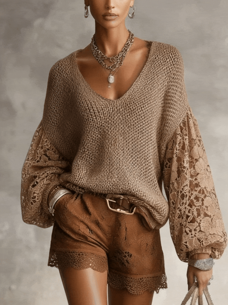 Brown Knit V-Neck Lace Sleeve Sweater