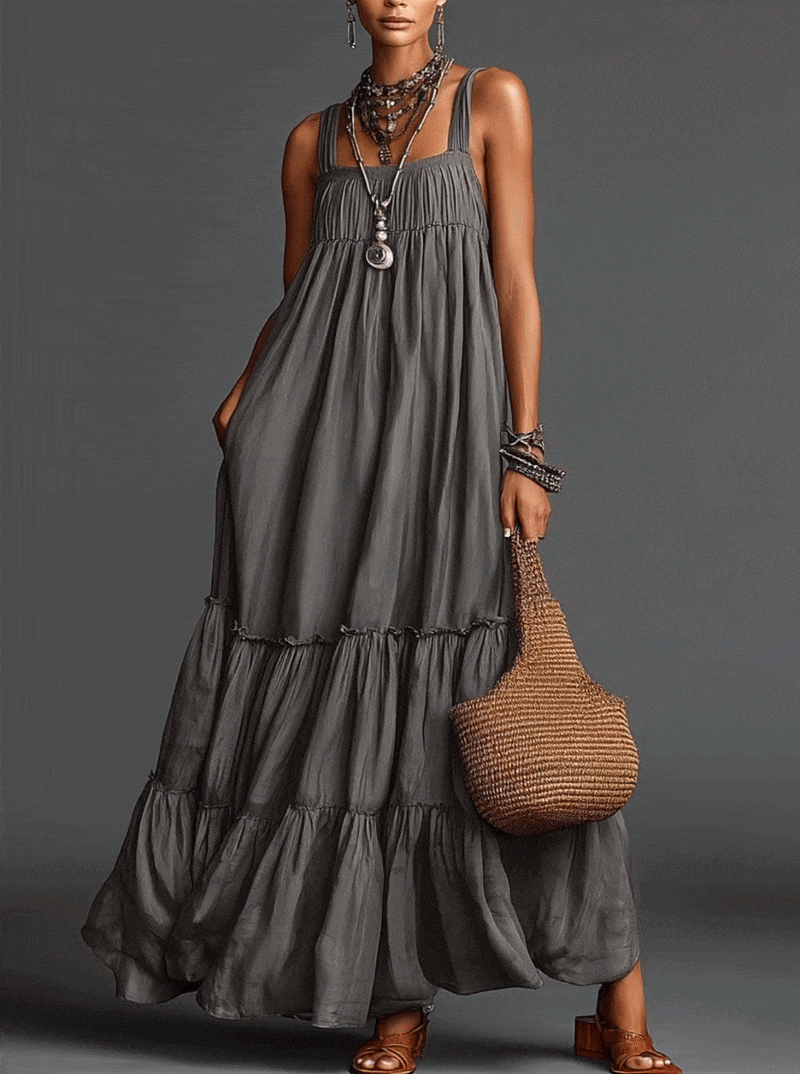 Gray Tiered Maxi Dress With Double Straps And Flowy Silhouette