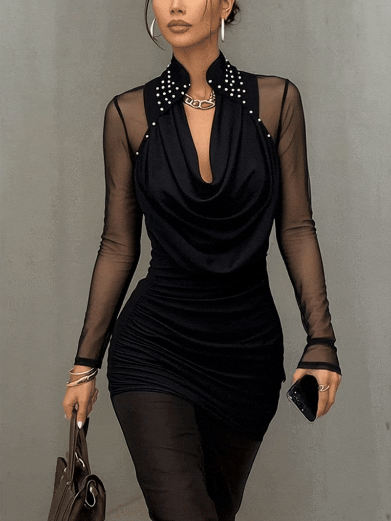 Black Sheer Sleeve Pearl Embellished Cowl Neck T-shirt