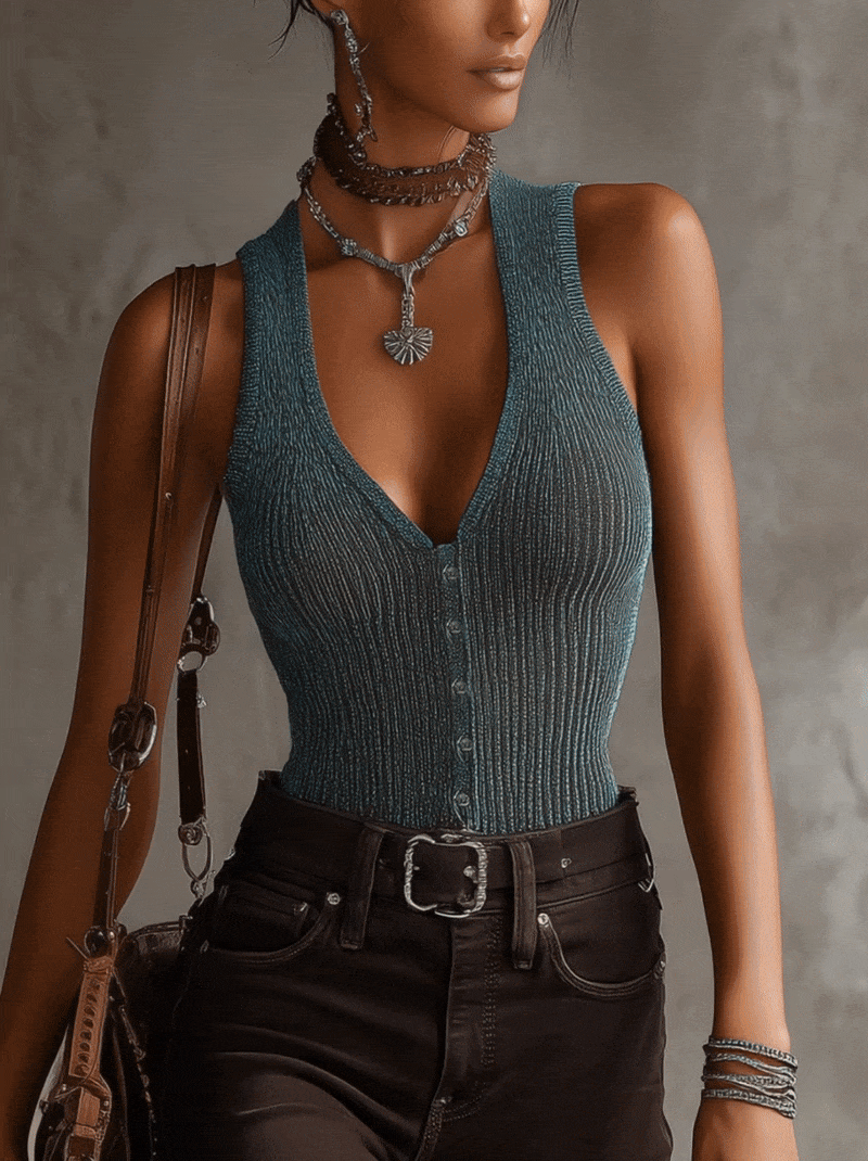 Blue Metallic Ribbed Knit Sleeveless Vest With Front Button Vest