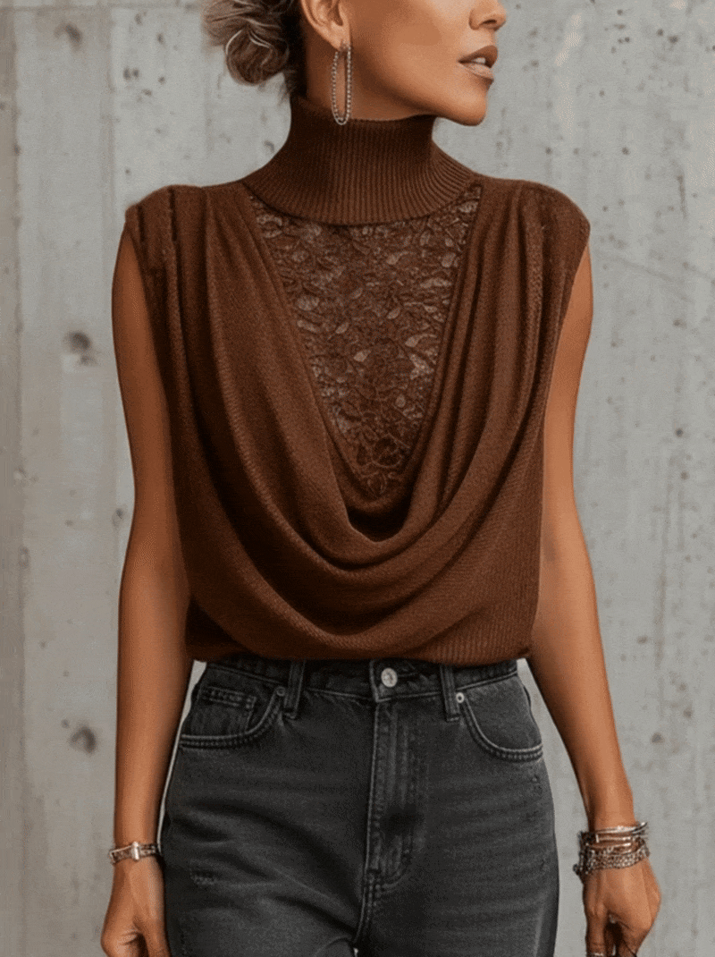 Brown Sleeveless Cowl Neck Lace Panel Sweater