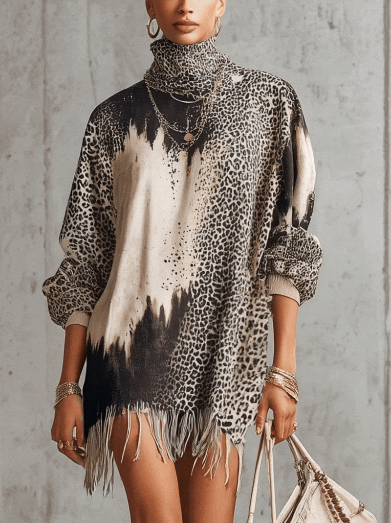 Gray Leopard Print Turtleneck Fringe Hem Faux Suede Dress