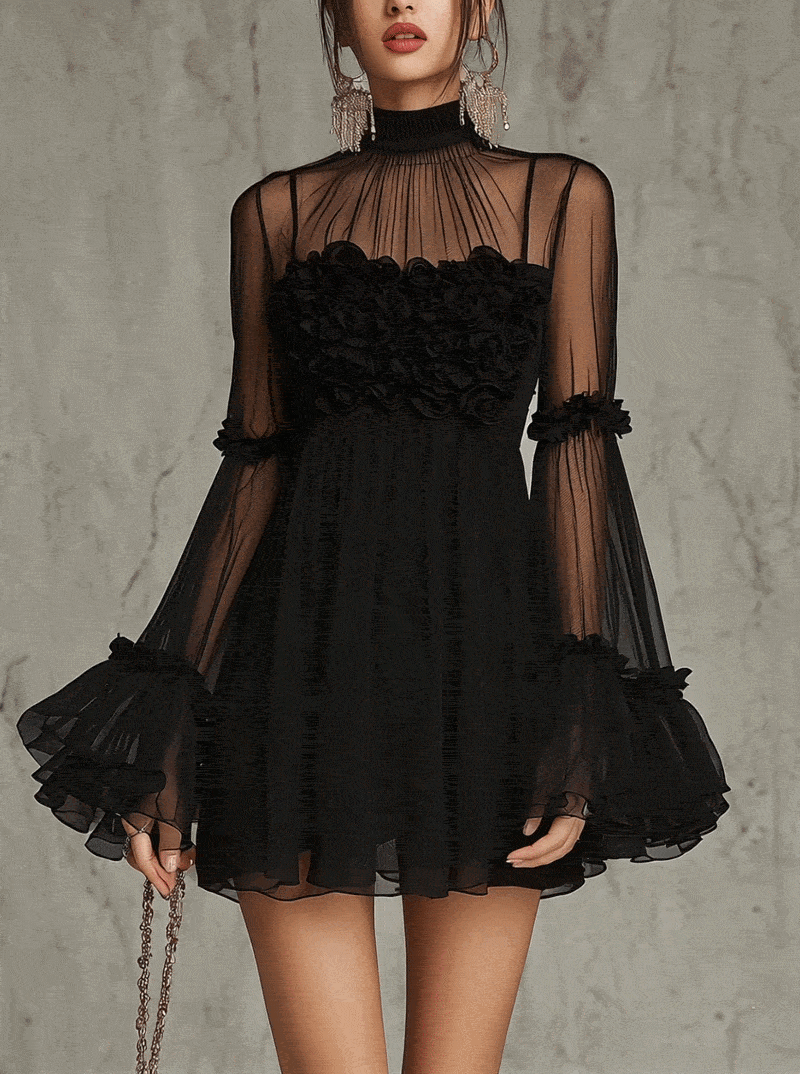 Black Sheer Floral Appliqué High Neck Pleated Chiffon Mini Dress