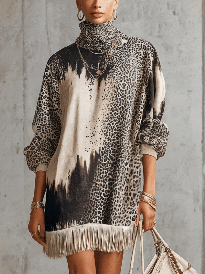 Gray Leopard Print Turtleneck Fringe Hem Faux Suede Dress