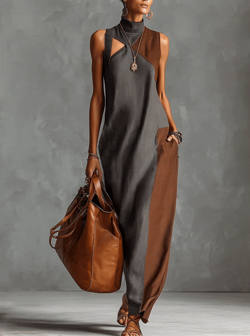 Colorblock High-Neck Sleeveless Linen Maxi Dress