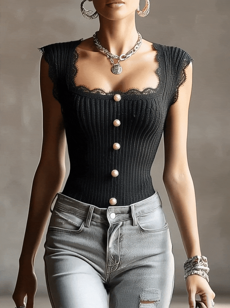 Black Lace-Trimmed Ribbed Knit Vest With Pearl Buttons